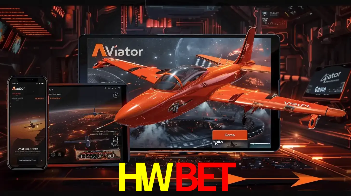 Apresentação tecnológica do jogo Aviator com um avião saindo da tela de um tablet, demonstrando a experiência imersiva em múltiplos dispositivos no HWBET.