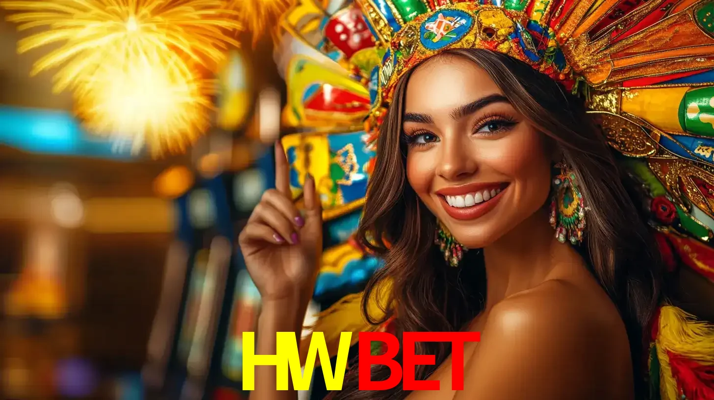 Mulher sorridente com um cocar de carnaval vibrante e colorido, celebrando uma grande vitória nos jogos do cassino HWBET com fogos de artifício ao fundo.