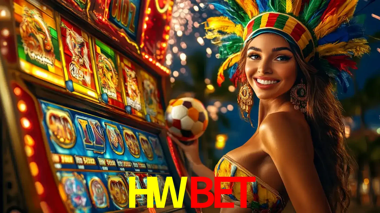 Mulher com um cocar de carnaval ao lado de uma máquina de caça-níqueis enquanto segura uma bola de futebol, mostrando a união da diversão de cassino e esportes no HWBET.
