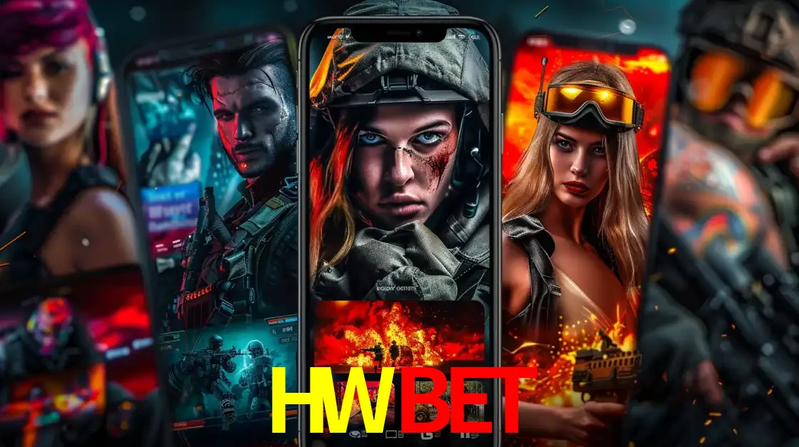 Montagem de telas de celular mostrando diversos personagens, masculinos e femininos, de um jogo de tiro, ilustrando a diversidade de equipes de e-sports para apostar no HWBET.