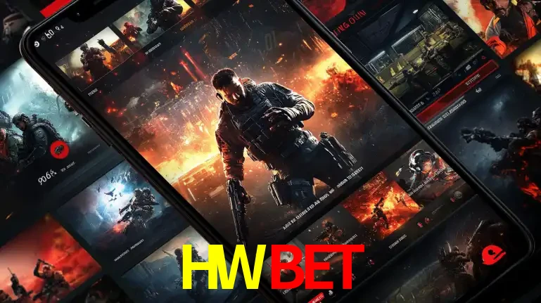 Tela de um celular exibindo uma galeria de jogos de tiro com temática militar, mostrando a variedade de e-sports disponíveis para apostas na plataforma de entretenimento HWBET.