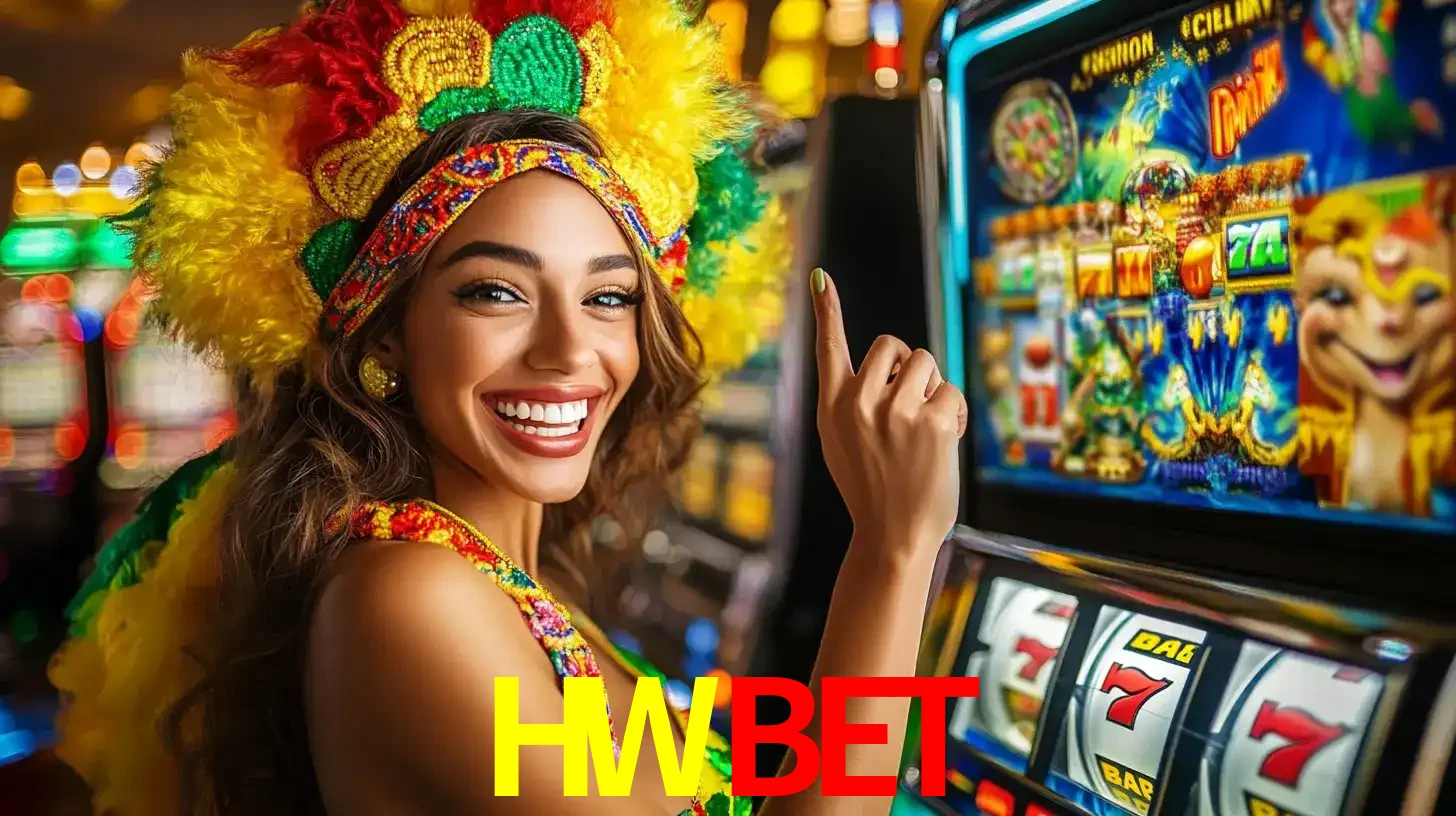 Mulher animada com um cocar de carnaval apontando para uma máquina de caça-níqueis, mostrando a emoção de ganhar um grande prêmio nos jogos do HWBET.