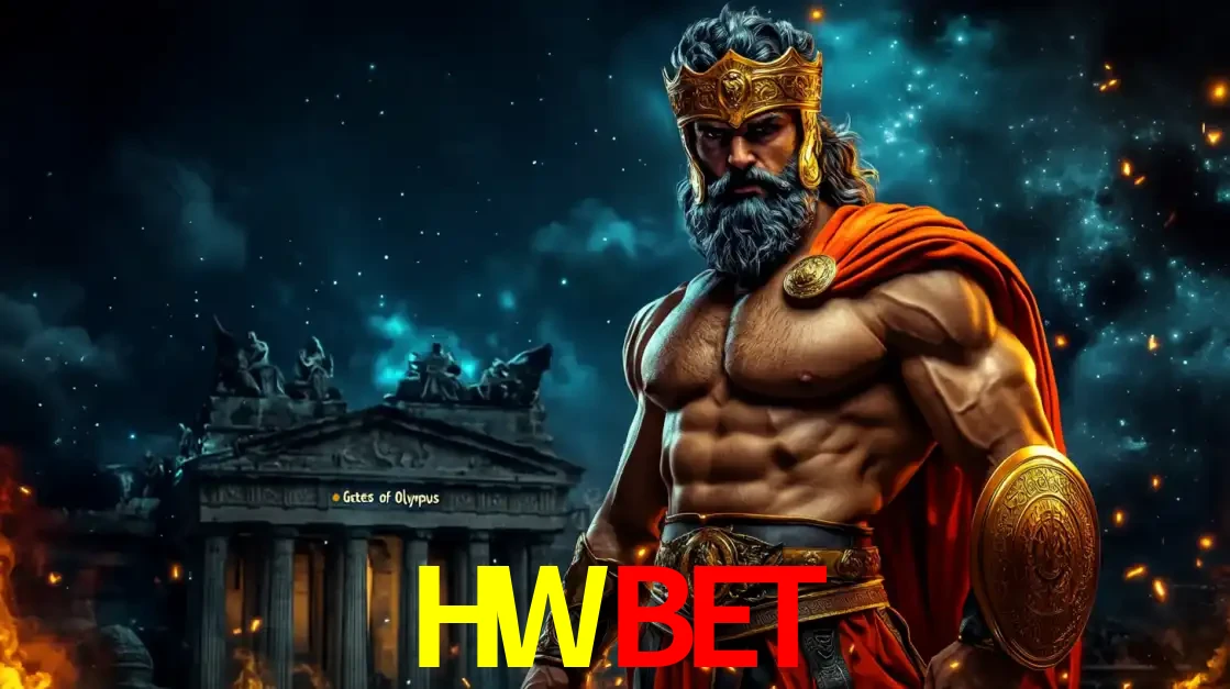 O poderoso Zeus do jogo de slot Gates of Olympus em frente ao seu templo, pronto para lançar multiplicadores divinos e prêmios épicos no cassino online HWBET.