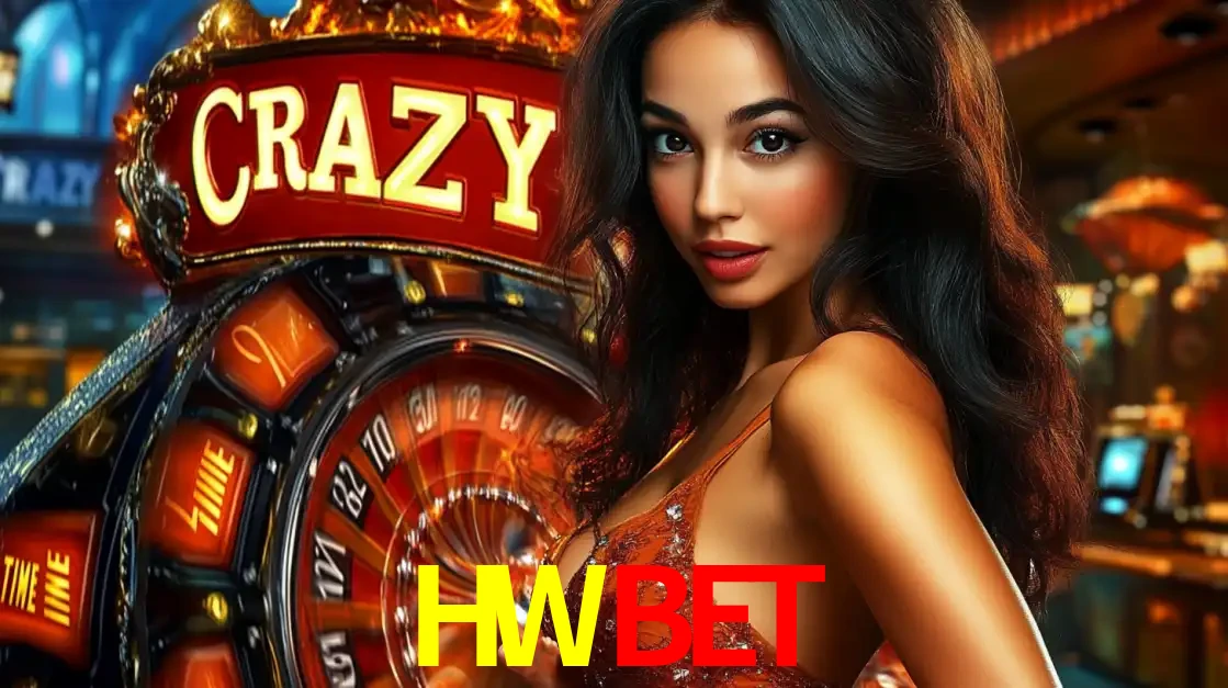 Mulher glamourosa olhando para a câmera com a roda vermelha do Crazy Time ao fundo em um ambiente de cassino, destacando a emoção dos jogos ao vivo no HWBET.