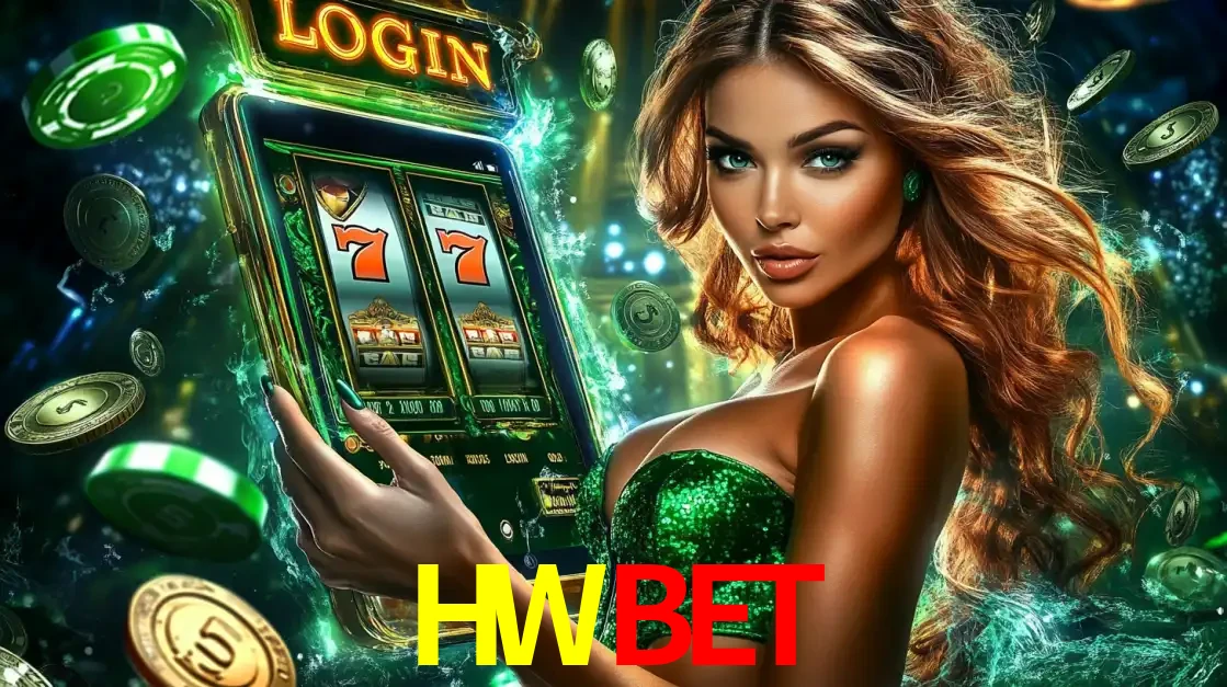 Mulher com tema verde apresentando o aplicativo do cassino HWBET com um jogo de slot de 777, cercada por fichas de cassino e uma aura de sorte.