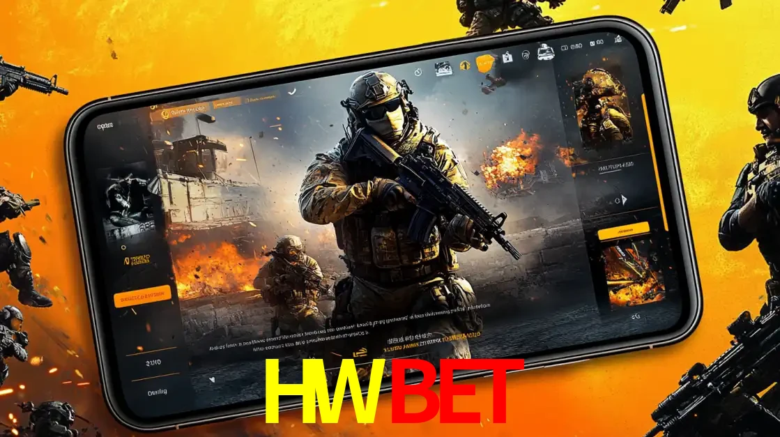 Um smartphone exibindo a interface de um jogo de tiro em primeira pessoa, com um soldado em um cenário de batalha, representando a ação dos e-sports para apostar no HWBET.