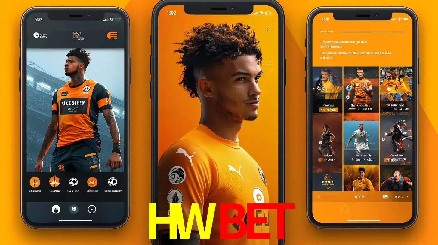 Interface do aplicativo de apostas esportivas HWBET em três telas de celular, mostrando o perfil de um jogador de futebol e a lista de jogos disponíveis para apostar.