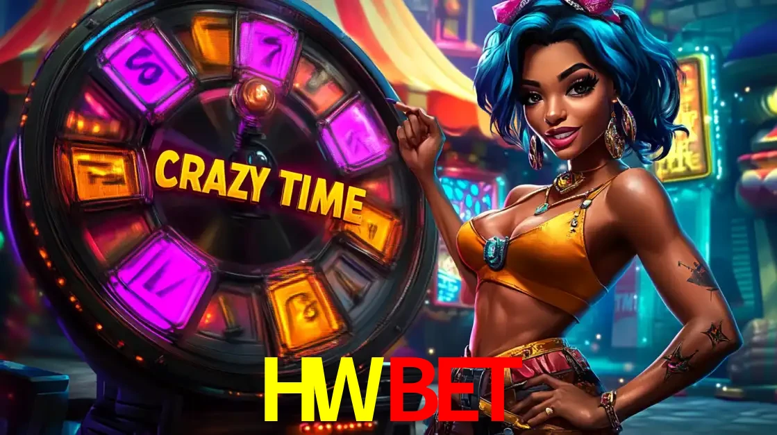 Mulher estilizada com cabelo azul e visual vibrante posando ao lado da roda de prêmios do game show Crazy Time, convidando para a diversão e os bônus do cassino HWBET.