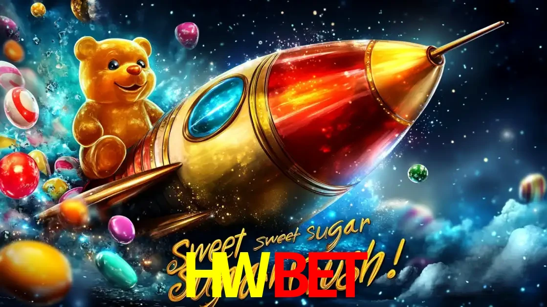 Arte promocional do jogo de slot Sugar Rush, com um urso de pelúcia em um foguete viajando pelo espaço de doces, um dos jogos divertidos disponíveis no cassino HWBET.