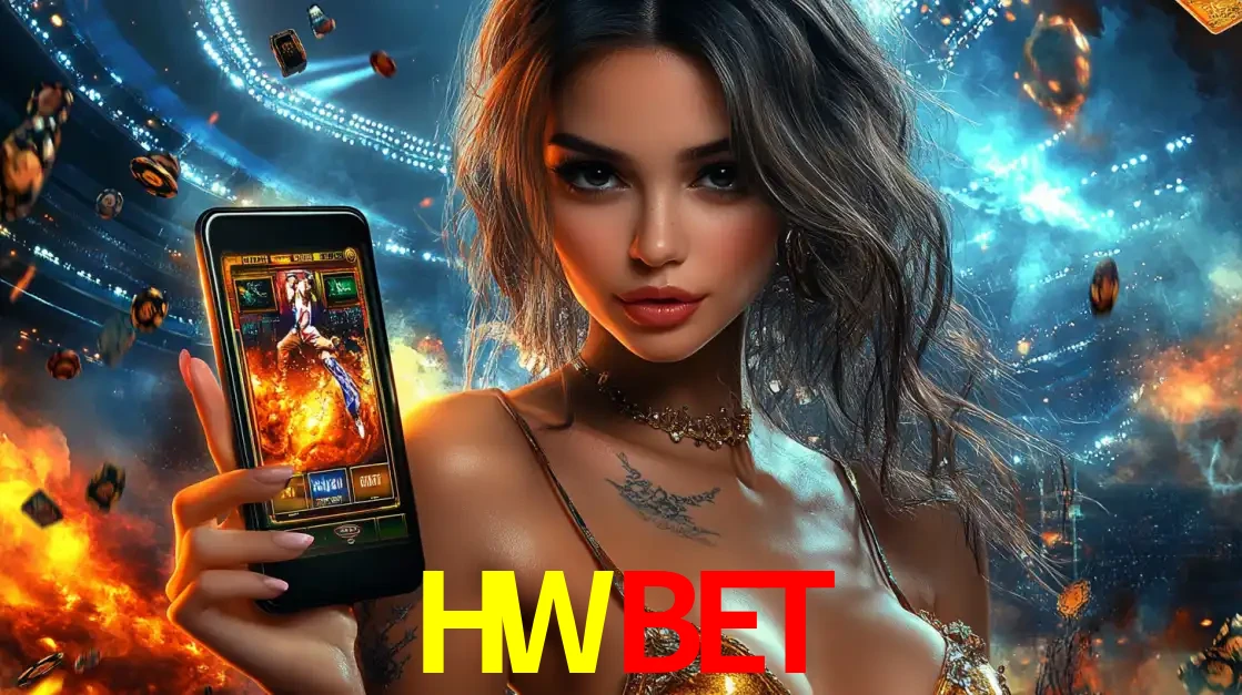 Mulher segurando um celular com um jogo de slot em destaque, tendo como fundo um estádio vibrante, simbolizando a emoção de jogar no cassino móvel HWBET.